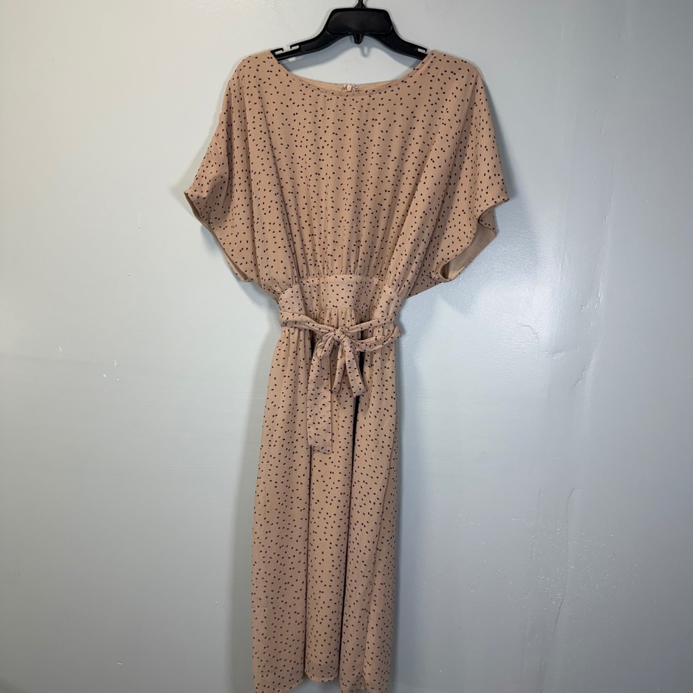 Lucy Avenue Tan Black Teardrop Print Midi Dress XL Dolman Sleeve Pockets